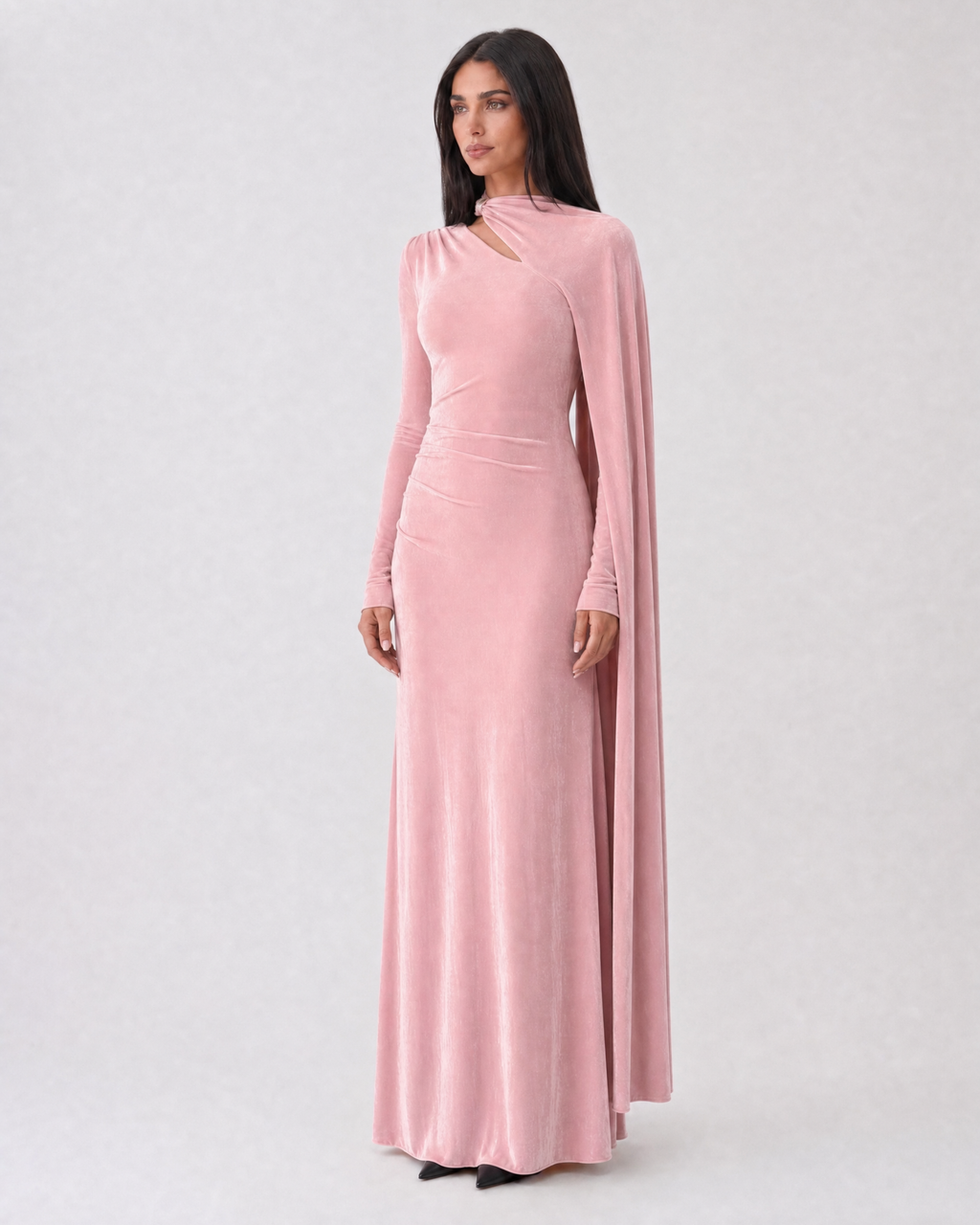 Robe longue Alina en velours – Rose poudré